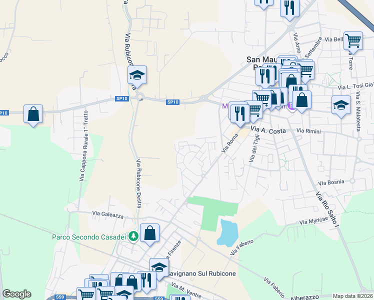 map of restaurants, bars, coffee shops, grocery stores, and more near 9 Via 27 Gennaio in Savignano sul Rubicone