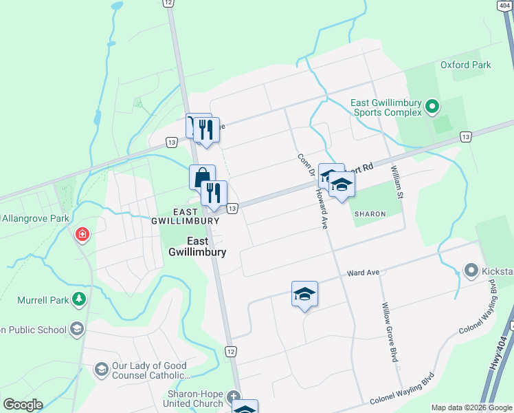 map of restaurants, bars, coffee shops, grocery stores, and more near 1587 Mount Albert Road in East Gwillimbury