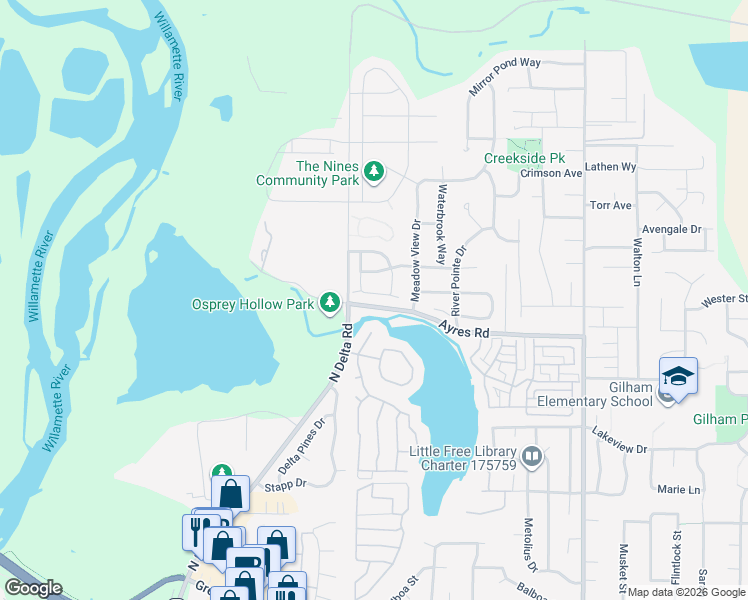 map of restaurants, bars, coffee shops, grocery stores, and more near 3558 Nestucca Loop in Coburg