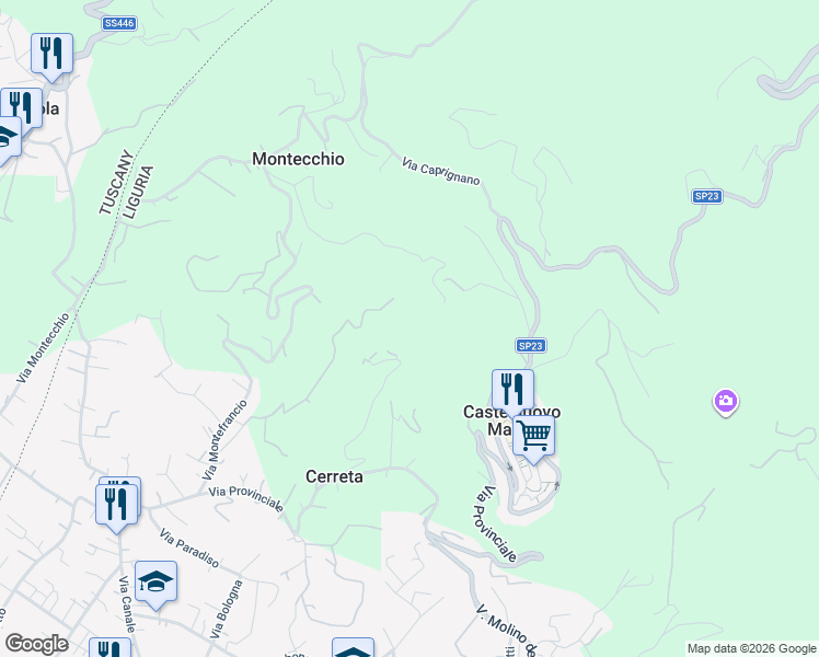 map of restaurants, bars, coffee shops, grocery stores, and more near 34 Via Montefrancio in Provincia della Spezia