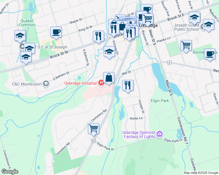 map of restaurants, bars, coffee shops, grocery stores, and more near 2 Campbell Drive in Uxbridge