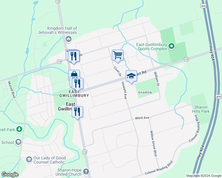 map of restaurants, bars, coffee shops, grocery stores, and more near 30 Morton Avenue in East Gwillimbury