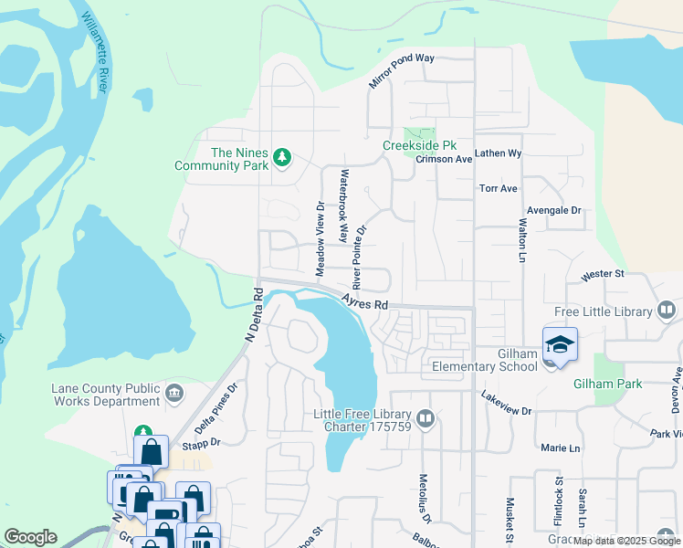 map of restaurants, bars, coffee shops, grocery stores, and more near 1670 Canoe Ridge Way in Eugene
