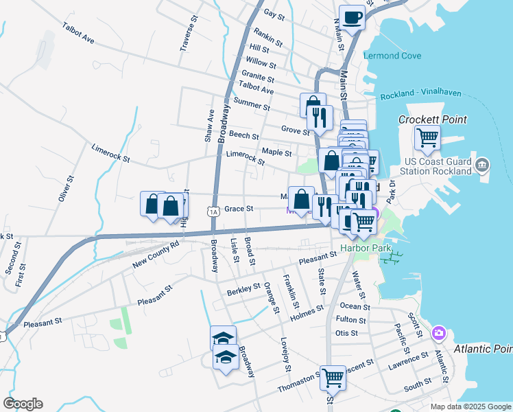 map of restaurants, bars, coffee shops, grocery stores, and more near 61 Grace Street in Rockland