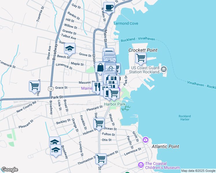 map of restaurants, bars, coffee shops, grocery stores, and more near 328 Main Street in Rockland