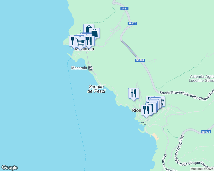 map of restaurants, bars, coffee shops, grocery stores, and more near 8 Via dell'Amore in Provincia della Spezia