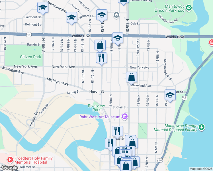 map of restaurants, bars, coffee shops, grocery stores, and more near 1001 Huron Street in Manitowoc