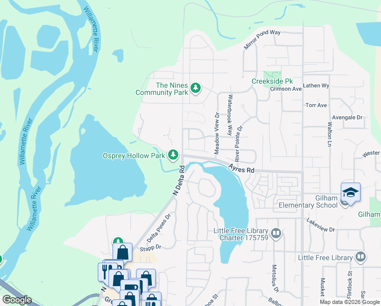 map of restaurants, bars, coffee shops, grocery stores, and more near 3566 Nestucca Loop in Eugene