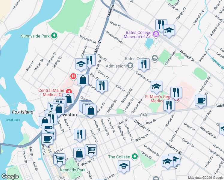 map of restaurants, bars, coffee shops, grocery stores, and more near 96 Wood Street in Lewiston
