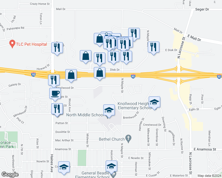 map of restaurants, bars, coffee shops, grocery stores, and more near 25 Knollwood Drive in Rapid City