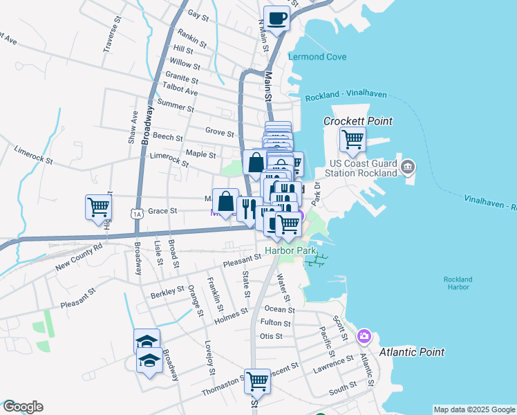 map of restaurants, bars, coffee shops, grocery stores, and more near 5 Grace Street in Rockland