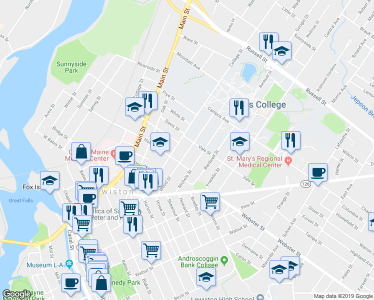 map of restaurants, bars, coffee shops, grocery stores, and more near 161 College Street in Lewiston