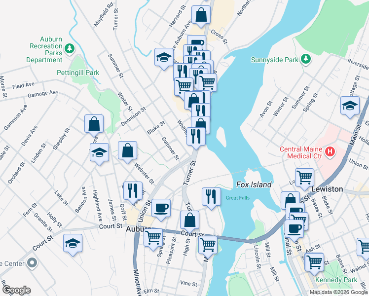 map of restaurants, bars, coffee shops, grocery stores, and more near 217 Turner Street in Auburn