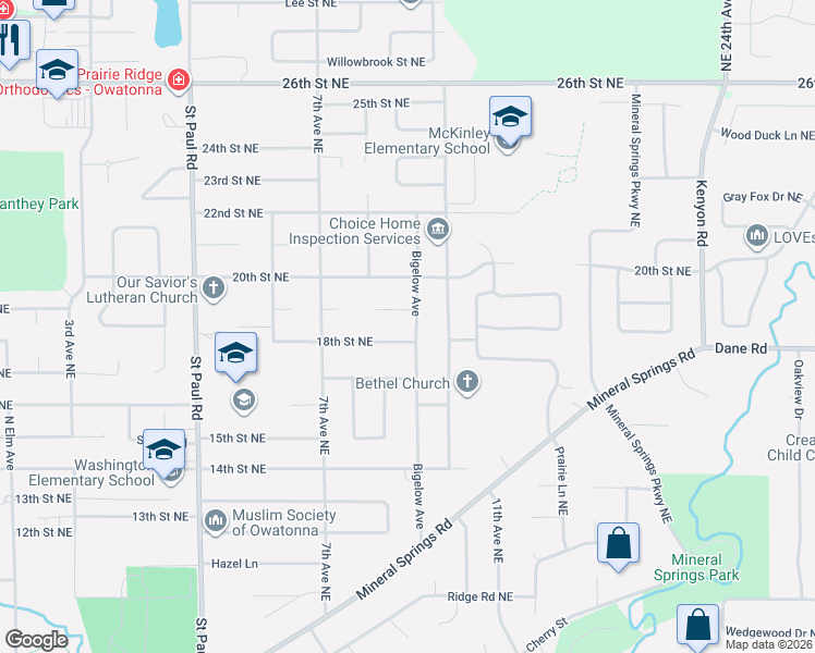 map of restaurants, bars, coffee shops, grocery stores, and more near 809 Robinswood Place in Owatonna