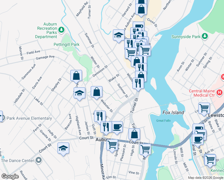 map of restaurants, bars, coffee shops, grocery stores, and more near 36 Winter Street in Auburn