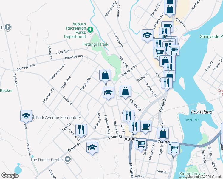 map of restaurants, bars, coffee shops, grocery stores, and more near 24 Gamage Avenue in Auburn