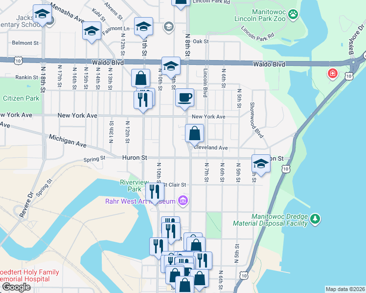 map of restaurants, bars, coffee shops, grocery stores, and more near 814 North 8th Street in Manitowoc