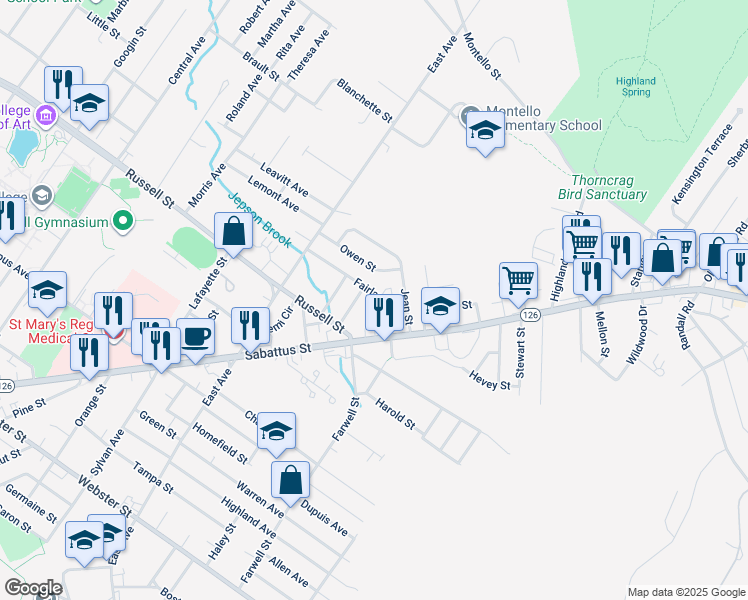 map of restaurants, bars, coffee shops, grocery stores, and more near 61 Fairlawn Avenue in Lewiston