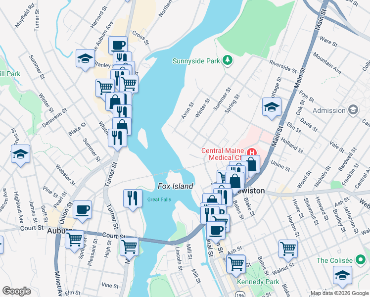 map of restaurants, bars, coffee shops, grocery stores, and more near 4 Summer Street in Lewiston