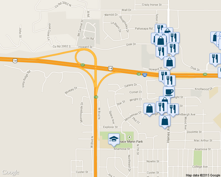 map of restaurants, bars, coffee shops, grocery stores, and more near 914 Antares Court in Rapid City