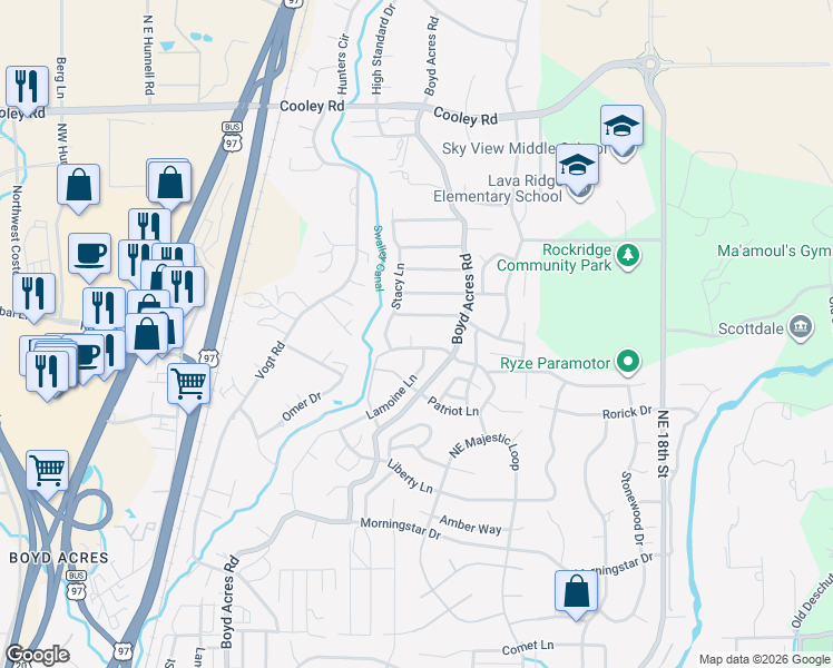 map of restaurants, bars, coffee shops, grocery stores, and more near 63422 Conger Court in Bend