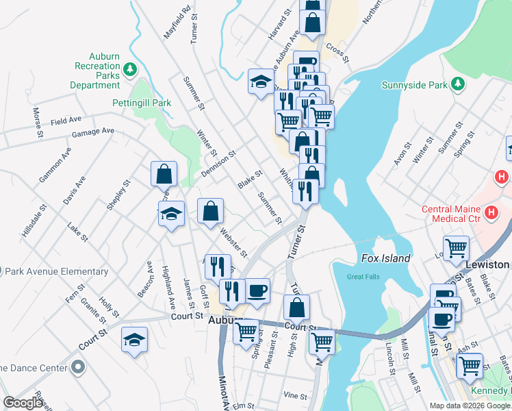 map of restaurants, bars, coffee shops, grocery stores, and more near 36 Winter Street in Auburn