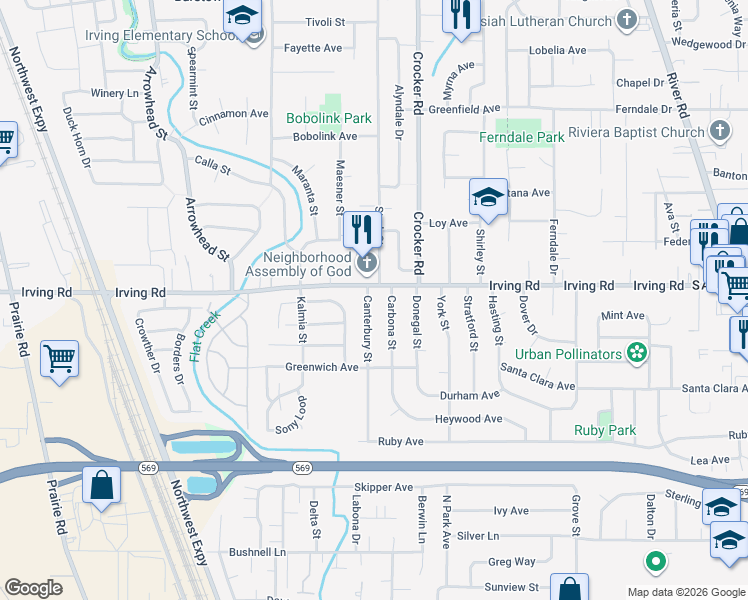 map of restaurants, bars, coffee shops, grocery stores, and more near 2687 Canterbury Street in Eugene