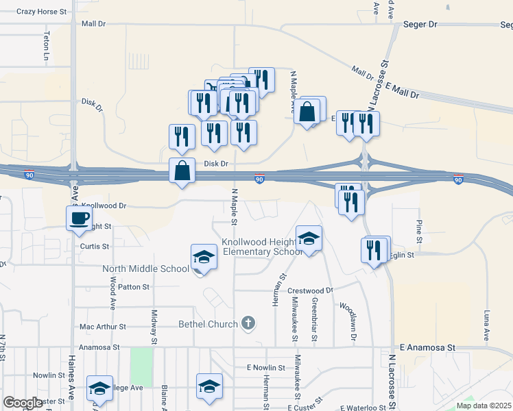 map of restaurants, bars, coffee shops, grocery stores, and more near 101 East Knollwood Drive in Rapid City