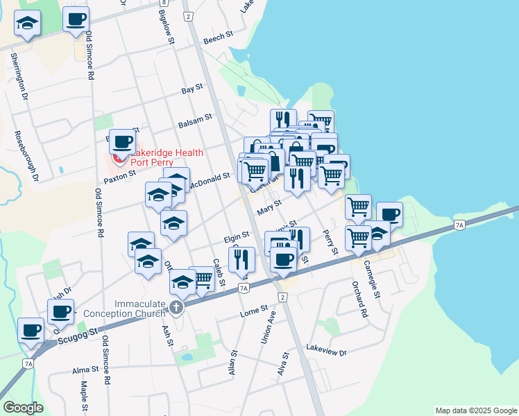 map of restaurants, bars, coffee shops, grocery stores, and more near 279 Mary Street in Port Perry