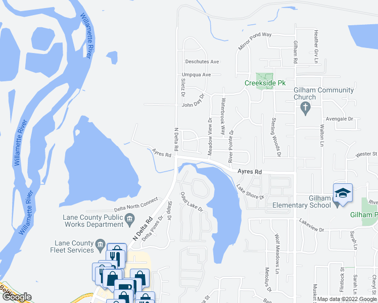 map of restaurants, bars, coffee shops, grocery stores, and more near 3558 Nestucca Loop in Coburg