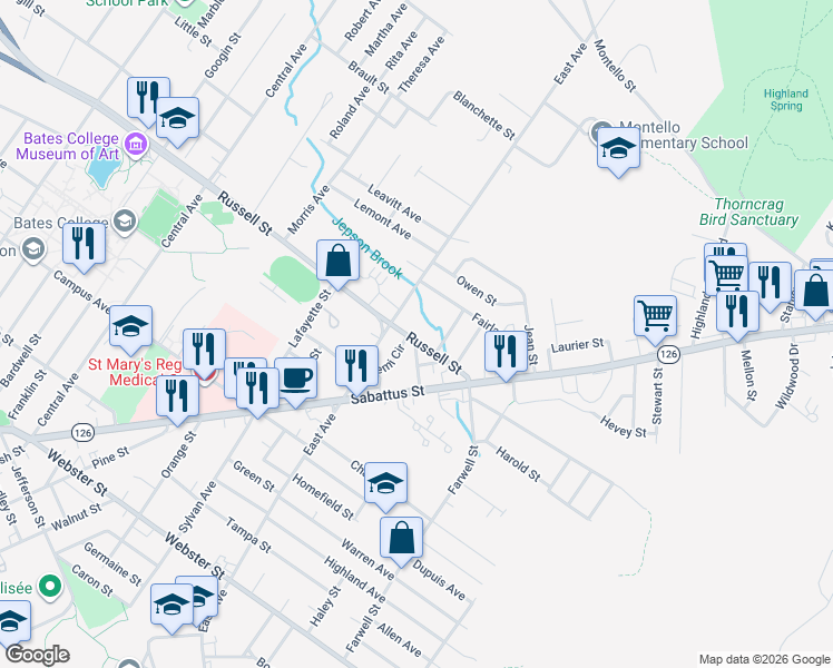 map of restaurants, bars, coffee shops, grocery stores, and more near 216 Russell Street in Lewiston