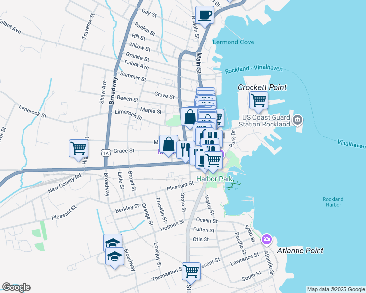 map of restaurants, bars, coffee shops, grocery stores, and more near 5 Grace Street in Rockland