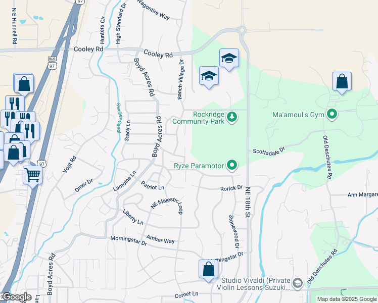 map of restaurants, bars, coffee shops, grocery stores, and more near 63436 Ledgestone Court in Bend