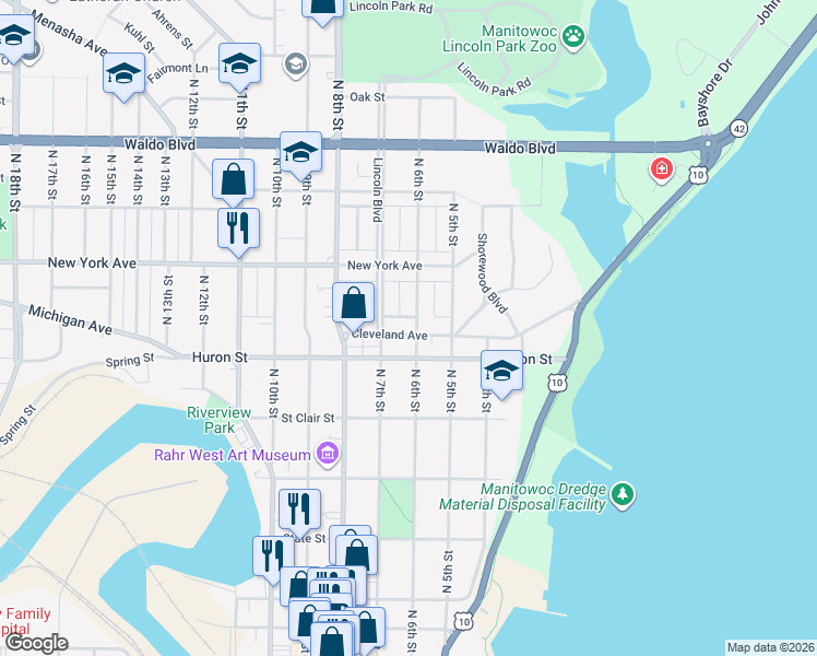 map of restaurants, bars, coffee shops, grocery stores, and more near 610 Cleveland Avenue in Manitowoc