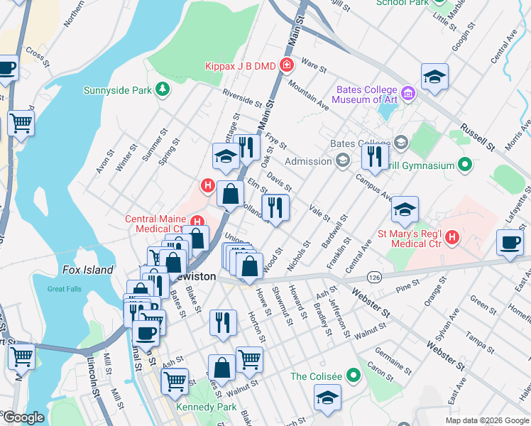 map of restaurants, bars, coffee shops, grocery stores, and more near 166 Holland Street in Lewiston