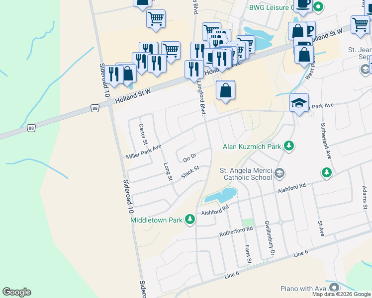 map of restaurants, bars, coffee shops, grocery stores, and more near 69 Orr Drive in Bradford West Gwillimbury