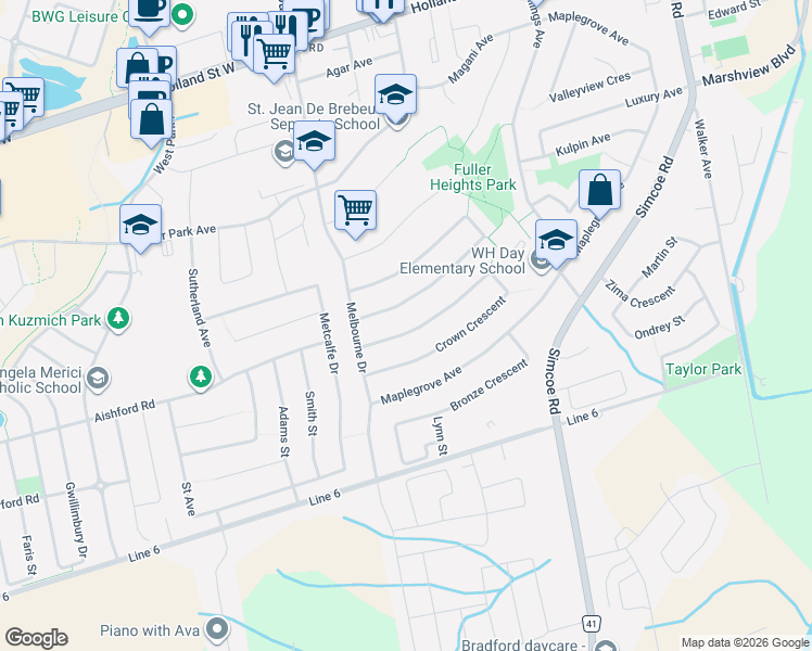 map of restaurants, bars, coffee shops, grocery stores, and more near 21 Crown Crescent in Bradford West Gwillimbury