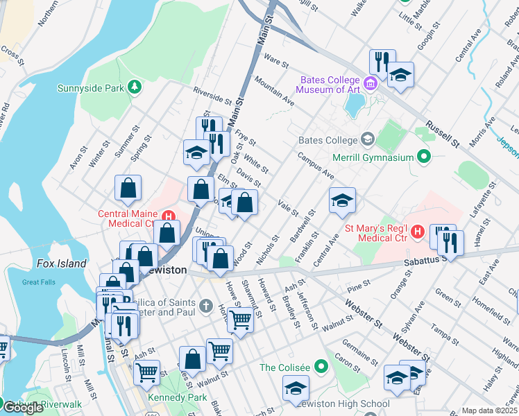 map of restaurants, bars, coffee shops, grocery stores, and more near 169 College Street in Lewiston