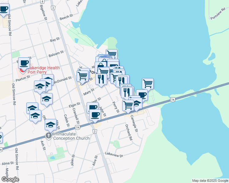 map of restaurants, bars, coffee shops, grocery stores, and more near 170 Casimir Street in Port Perry
