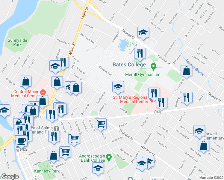 map of restaurants, bars, coffee shops, grocery stores, and more near 82 Franklin Street in Lewiston