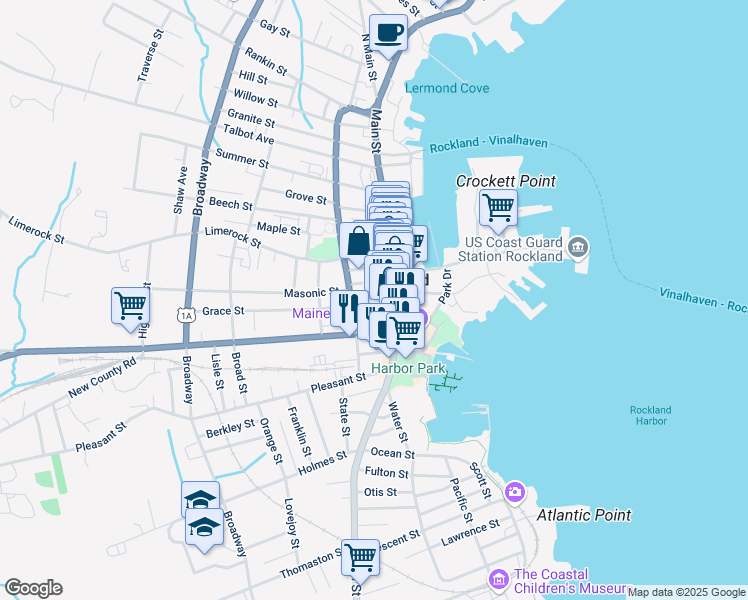 map of restaurants, bars, coffee shops, grocery stores, and more near in Rockland