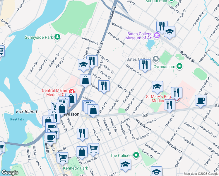 map of restaurants, bars, coffee shops, grocery stores, and more near 161 College Street in Lewiston