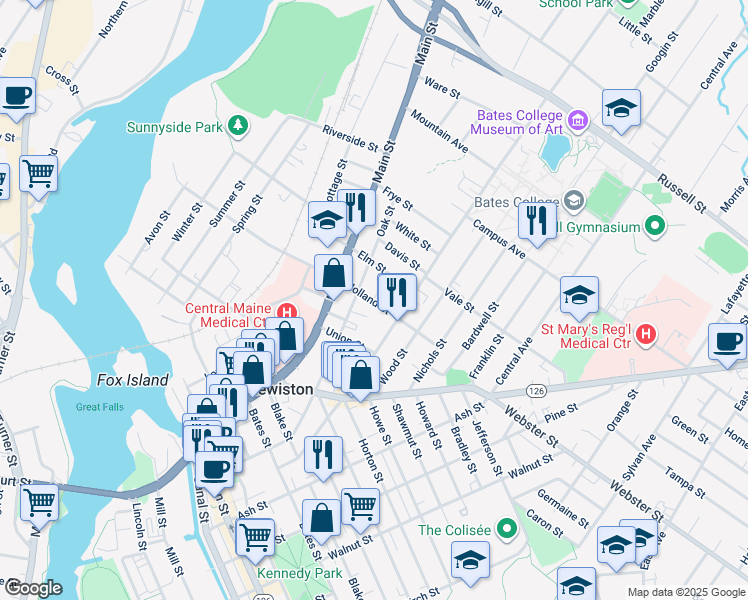 map of restaurants, bars, coffee shops, grocery stores, and more near 166 Holland Street in Lewiston