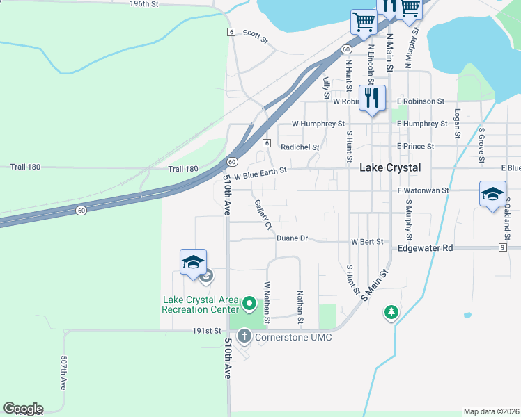 map of restaurants, bars, coffee shops, grocery stores, and more near 417 Silver Street in Lake Crystal