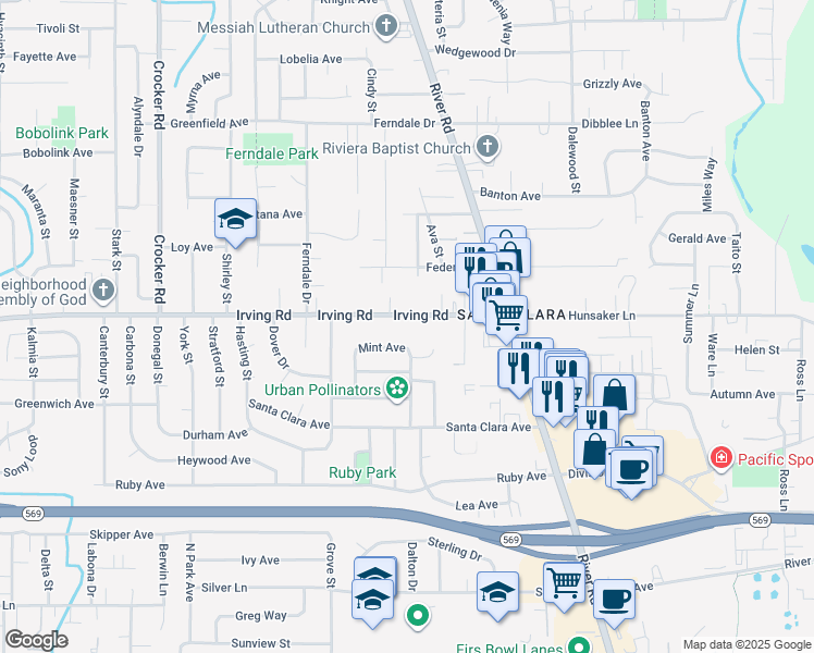 map of restaurants, bars, coffee shops, grocery stores, and more near 210 Irving Road in Eugene