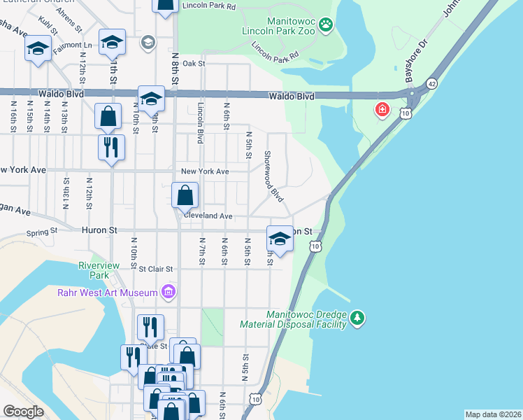 map of restaurants, bars, coffee shops, grocery stores, and more near 815 Hawthorne Terrace in Manitowoc
