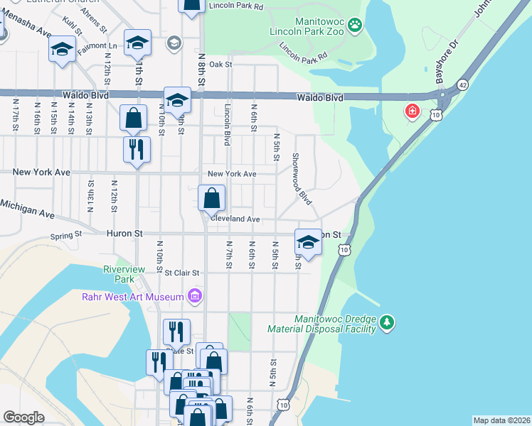map of restaurants, bars, coffee shops, grocery stores, and more near 508 Cleveland Avenue in Manitowoc
