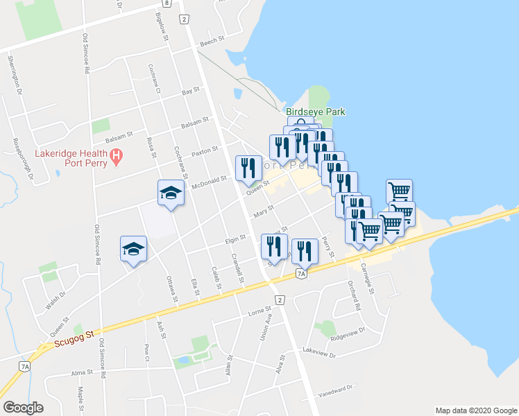 map of restaurants, bars, coffee shops, grocery stores, and more near 271 Mary Street in Port Perry