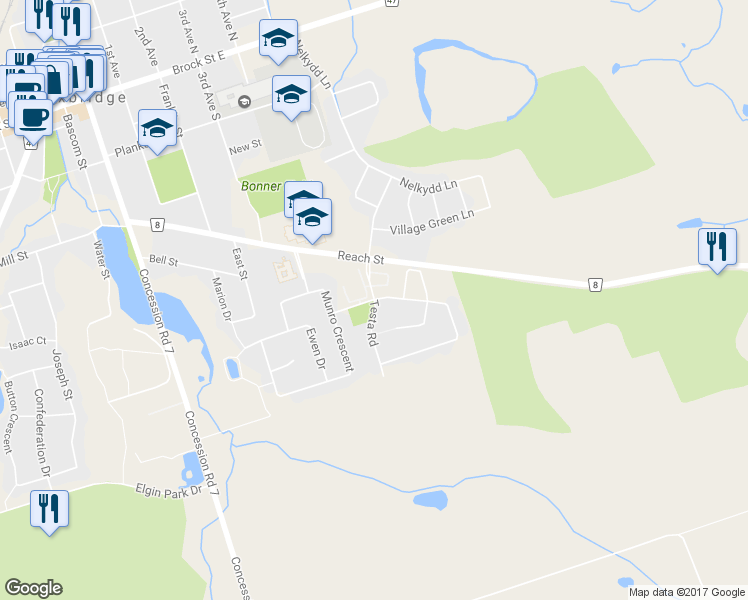 map of restaurants, bars, coffee shops, grocery stores, and more near 10 Testa Road in Uxbridge