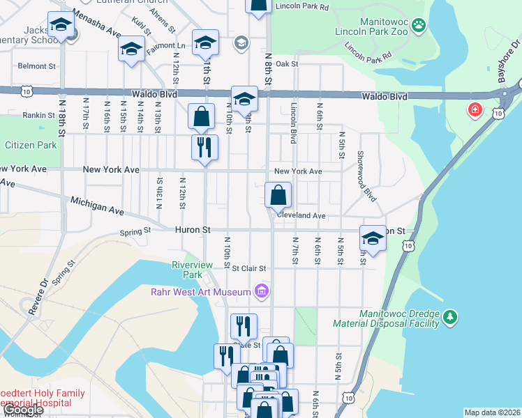 map of restaurants, bars, coffee shops, grocery stores, and more near 814 North 8th Street in Manitowoc
